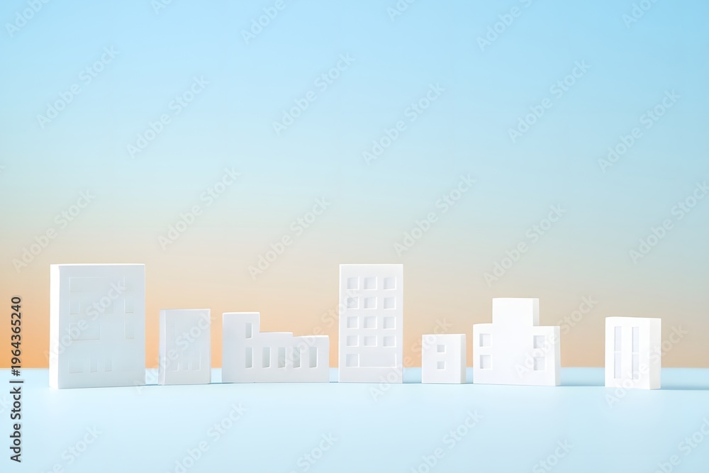 Fototapeta premium Whimsical collection of white miniature building models, representing a stylized cityscape, stands against a soft blue and orange background.