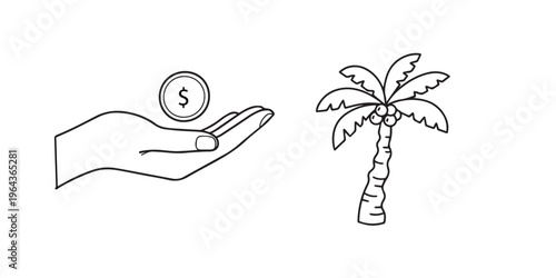 Hand holding dollar coin near palm tree