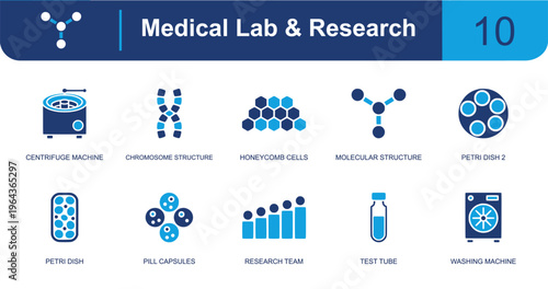 Medical lab and research icon set. Containing centrifuge, chromosome, honeycomb cells, molecule, petri dish, capsule, research team, test tube, lab machine and more. Solid fill vector icons.