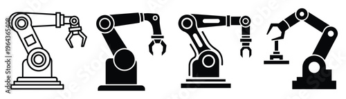 Industrial robot arm vectors in black and white. Automated manufacturing arm illustrations.