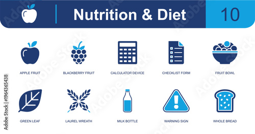 Nutrition and diet icon set. Containing apple fruit, blackberry, calorie calculator, checklist form, fruit bowl, green leaf, milk bottle, whole bread and more. Solid fill vector icons.