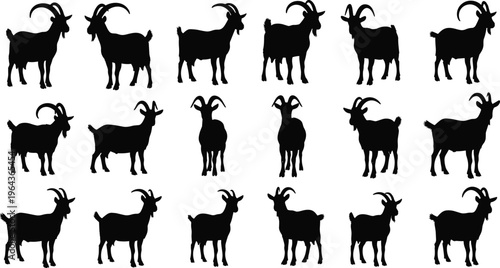 Black goat silhouettes collection in grid pattern, diverse horn shapes and postures for design, puzzle, or illustration use