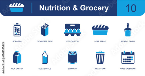 Nutrition and grocery icon set. Containing boba tea, cigarette pack, egg carton, loaf bread, meat cleaver, milk carton, soda bottle, soda can, trash can and more. Solid fill vector icons.