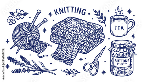 Knitting Illustration with yarn, needles, scarf, tea, buttons, scissors, and lavender in blue tone. Hand drawn style.
