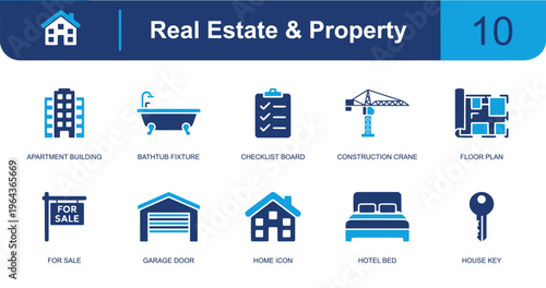 Real estate and property icon set. Containing apartment building, bathtub, checklist, crane, floor plan, for sale sign, garage, home, hotel bed, key and more. Solid fill vector icons.