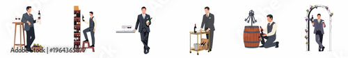 Set of flat vector illustrations of a professional sommelier in various wine-related activities and settings, isolated on a white background.