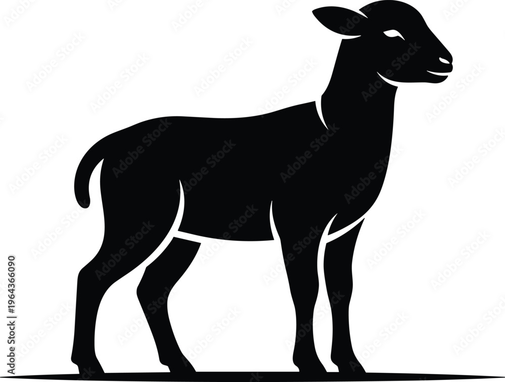 Obraz premium Black silhouette sheep standing profile on flat surface, simple farm animal vector icon for logo, design, education