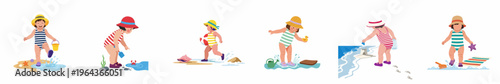 Vector set of cute little girls in swimsuits and sun hats enjoying various fun activities on the beach during summer vacation.