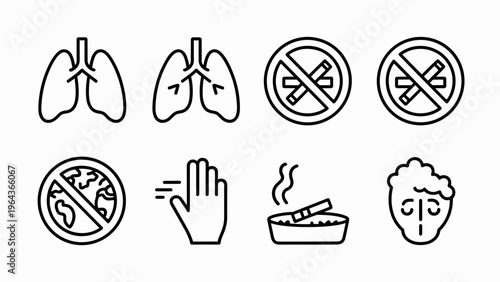 World No Tobacco Day Outline Icon Set – Smoking Cessation, Lung Health and Global Awareness Symbols