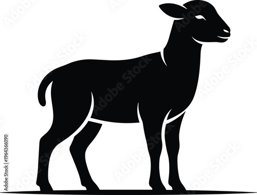 Black silhouette sheep standing profile on flat surface, simple farm animal vector icon for logo, design, education