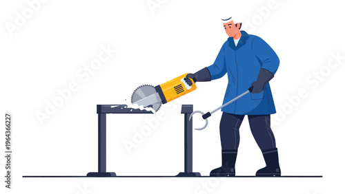 Precision Metalwork: An illustration capturing a skilled worker using a metal saw to cut metal, focusing on the precision, strength, and process of industry. 