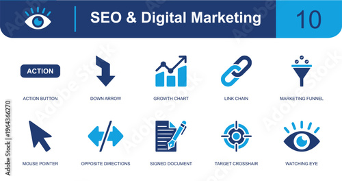SEO and digital marketing icon set. Containing action button, down arrow, growth chart, link chain, marketing funnel, mouse pointer, target, eye, document and more. Solid fill vector icons.