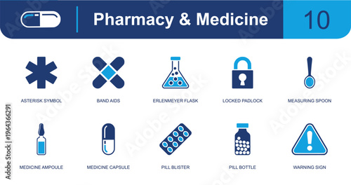 Pharmacy and medicine icon set containing asterisk symbol, band aid, flask, padlock, measuring spoon, ampoule, capsule, pill blister, pill bottle and more, solid fill vector icons.