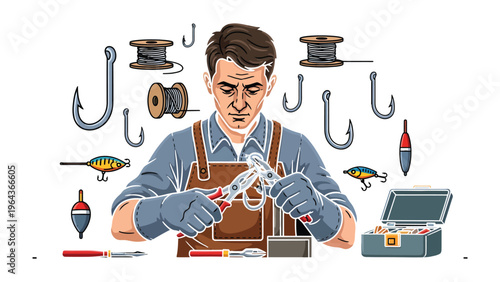 Crafting the Catch: An artisan meticulously prepares fishing tackle, demonstrating skill and attention to detail. Surrounded by tools, the artisan epitomizes preparation and precision.