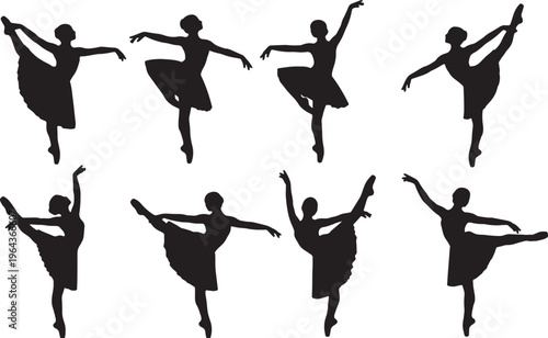 Black Solid Ballet Retire Coupe Silhouettes Set of Six on White Background