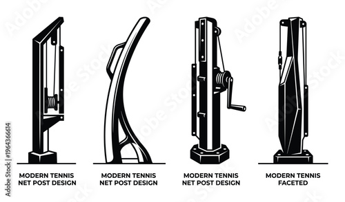Modern tennis net post designs vector illustration featuring four unique net post structures