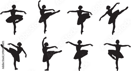 Black Solid Ballet Releve eleve Silhouettes Set of Six on White Background