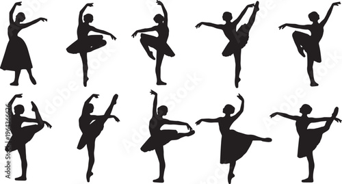 Black Solid Ballet Retire Coupe Silhouettes Set of Six on White Background
