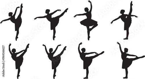 Black Solid Ballet Rond de Jambe Silhouettes Set of Six on White Background