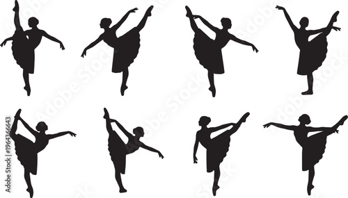 Black Solid Ballet Rond de Jambe Silhouettes Set of Six on White Background