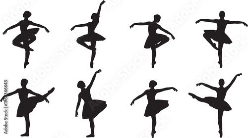 Black Solid Ballet Releve Developpe Lent Silhouettes Set of Six on White Background