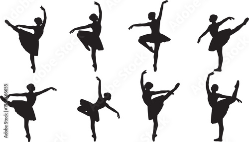Black Solid Ballet Releve Developpe Lent Silhouettes Set of Six on White Background