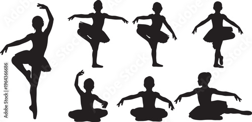 Black Solid Ballet Student Silhouettes Set of Six on White Background