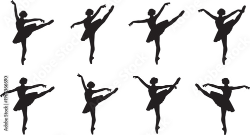 Black Solid Ballet Tendu Degage Silhouettes Set of Six on White Background