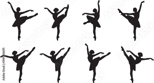 Black Solid Ballet Tendu Degage Silhouettes Set of Six on White Background