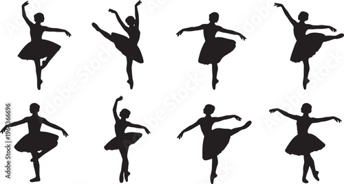 Black Solid Ballet Balance Pas de Basque Silhouettes Set of Six on White Background