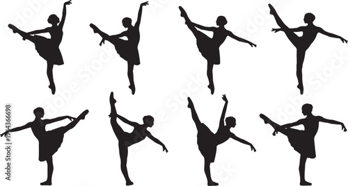 Black Solid Ballet Rond de Jambe Silhouettes Set of Six on White Background