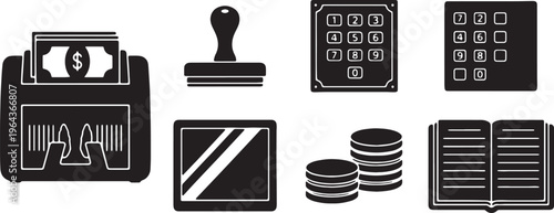 Black Solid Bank Teller Silhouettes Set of Six on White Background