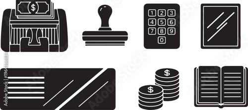 Black Solid Bank Teller Silhouettes Set of Six on White Background