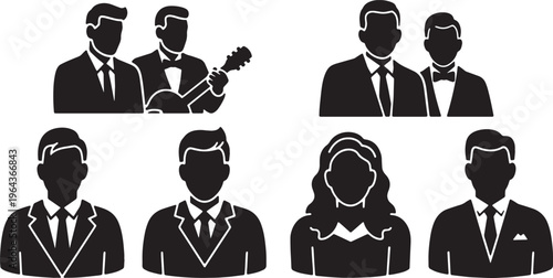 Black Solid Barbershop Quartet Silhouettes Set of Six on White Background