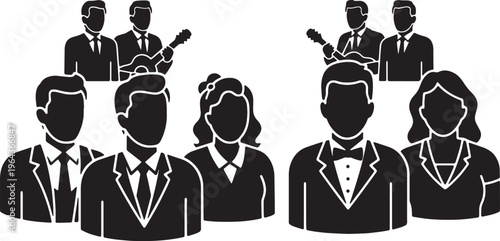 Black Solid Barbershop Quartet Silhouettes Set of Six on White Background