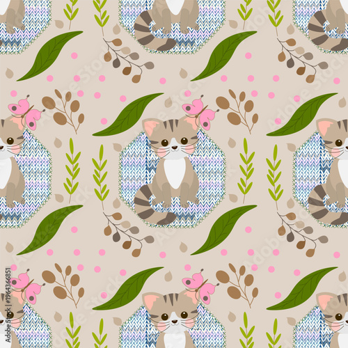 Cute tabby cat with pink butterfly sitting on knitted patch applique