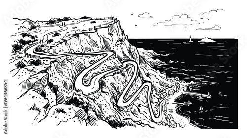 Mountain road with hairpin turns leading to coastal town vector illustration