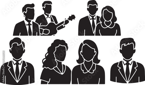 Black Solid Barbershop Quartet Silhouettes Set of Six on White Background