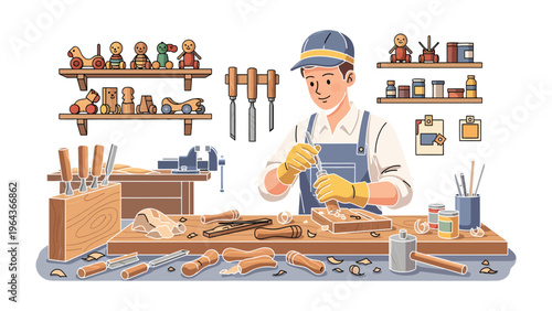 Artisan in Workshop: A skilled artisan, enveloped in the glow of focused craftsmanship, meticulously carves intricate designs into wooden creations within a well-equipped workshop.