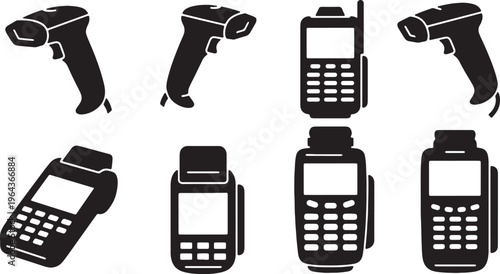 Black Solid Barcode Scanner Silhouettes Set of Six on White Background