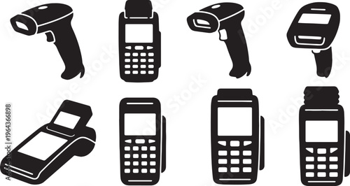 Black Solid Barcode Scanner Silhouettes Set of Six on White Background