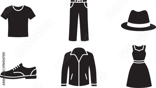 Black Solid Clothing Apparel Silhouettes Set of Six on White Background
