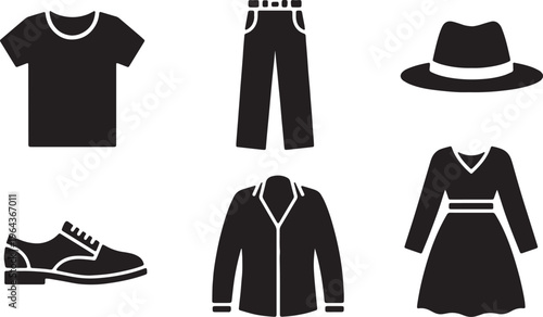 Black Solid Clothing Apparel Silhouettes Set of Six on White Background