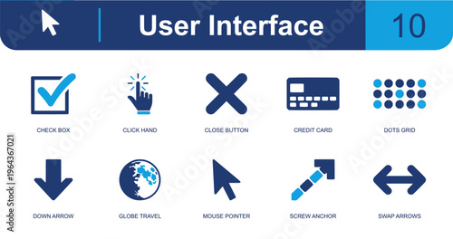 User interface icon set. Containing check box, click hand, close button, credit card, dots grid, down arrow, globe icon, mouse pointer, swap arrows and more. Solid fill vector icons.