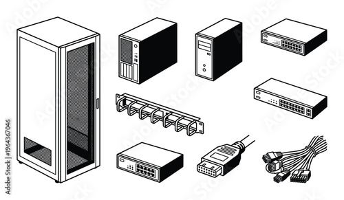 Network equipment isometric illustration, server rack, computer, switch, cable, network component vector