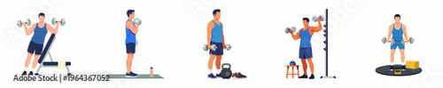 Collection of flat vector illustrations showing a muscular man performing different strength training exercises with dumbbells in a gym.