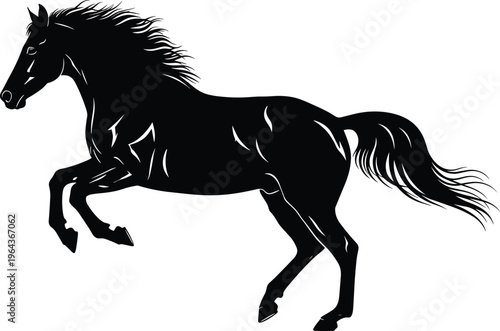 Dynamic black silhouette of galloping horse with flowing mane and tail symbolizing freedom, strength, speed, and vitality