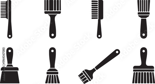 Black Solid Basting Cleaning Brushes Silhouettes Set of Six on White Background