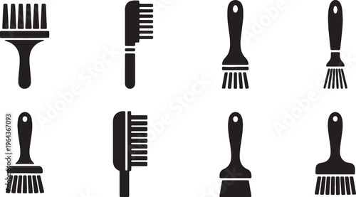 Black Solid Basting Cleaning Brushes Silhouettes Set of Six on White Background