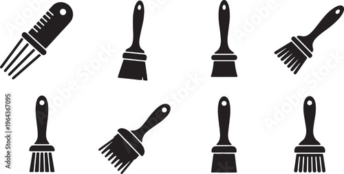 Black Solid Basting Cleaning Brushes Silhouettes Set of Six on White Background
